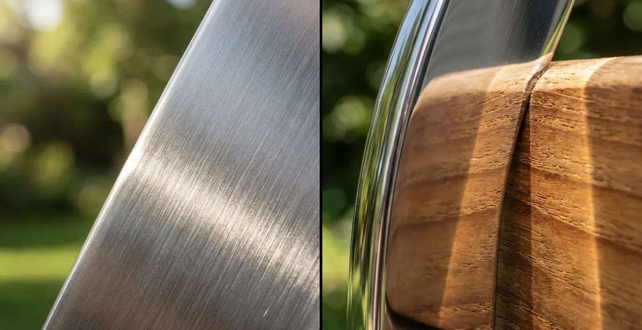 Detalle macro de superficie de acero cepillado junto a madera de teca mostrando las texturas contrastantes