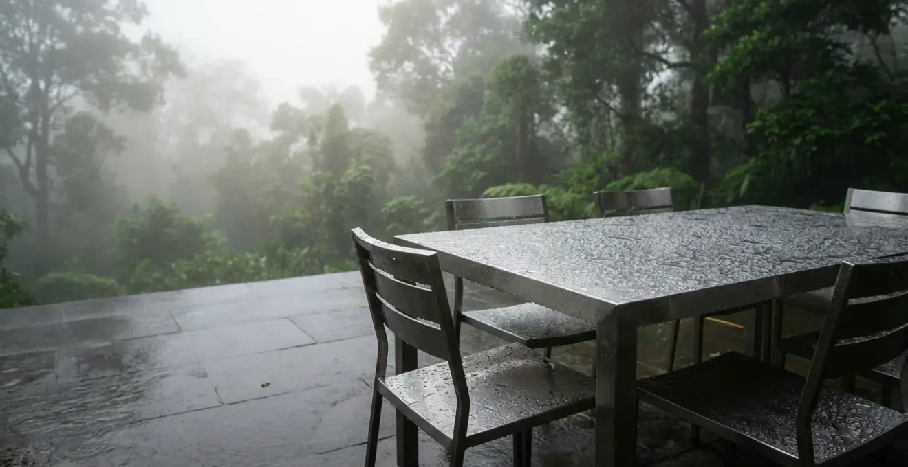 Muebles de jardín de acero inoxidable bajo la lluvia con gotas de agua perladas sobre la superficie brillante