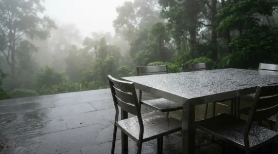 Muebles de jardín de acero inoxidable bajo la lluvia con gotas de agua perladas sobre la superficie brillante