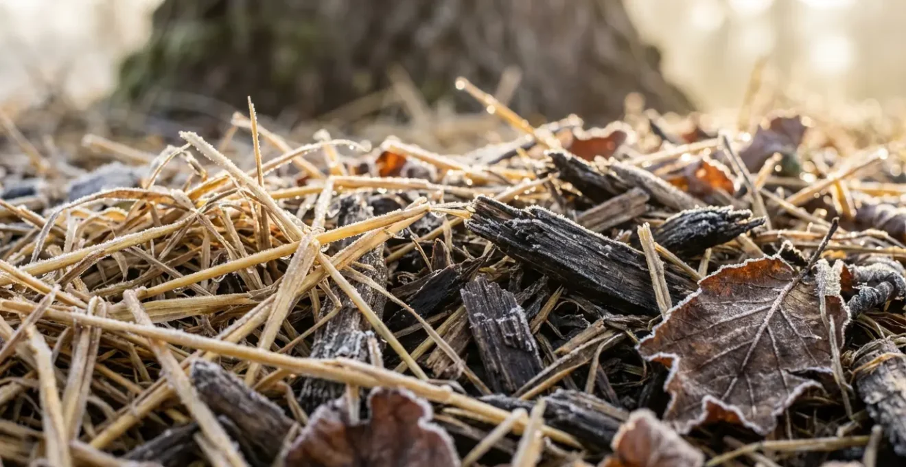 Detalle macro de acolchado orgánico protegiendo el suelo alrededor de un frutal