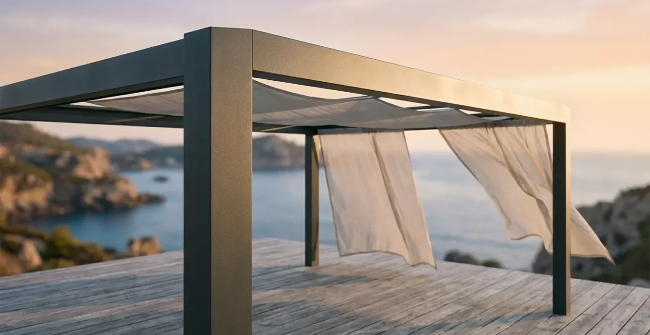 Vista de pérgola de aluminio lacado en terraza costera con paisaje marítimo al fondo