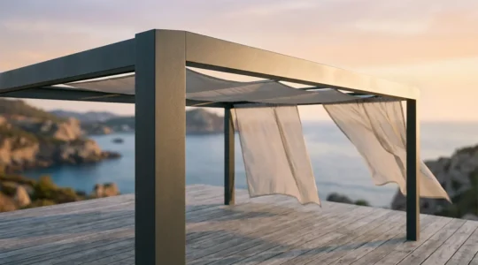 Vista de pérgola de aluminio lacado en terraza costera con paisaje marítimo al fondo