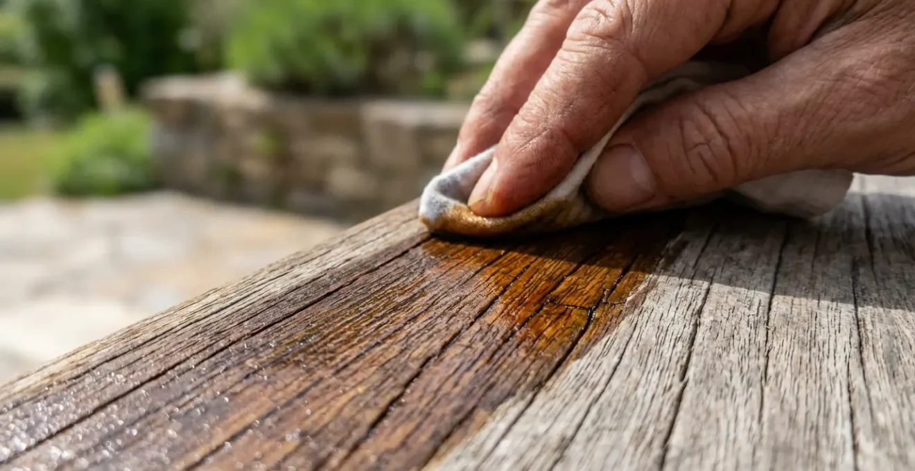 Aplicación de aceite protector en madera de exterior con técnica de masaje