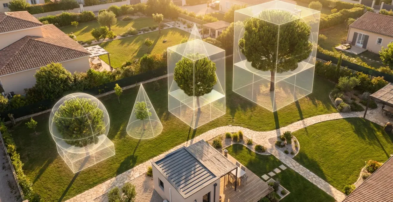 Comparación visual del volumen de crecimiento de árboles en jardín a lo largo del tiempo