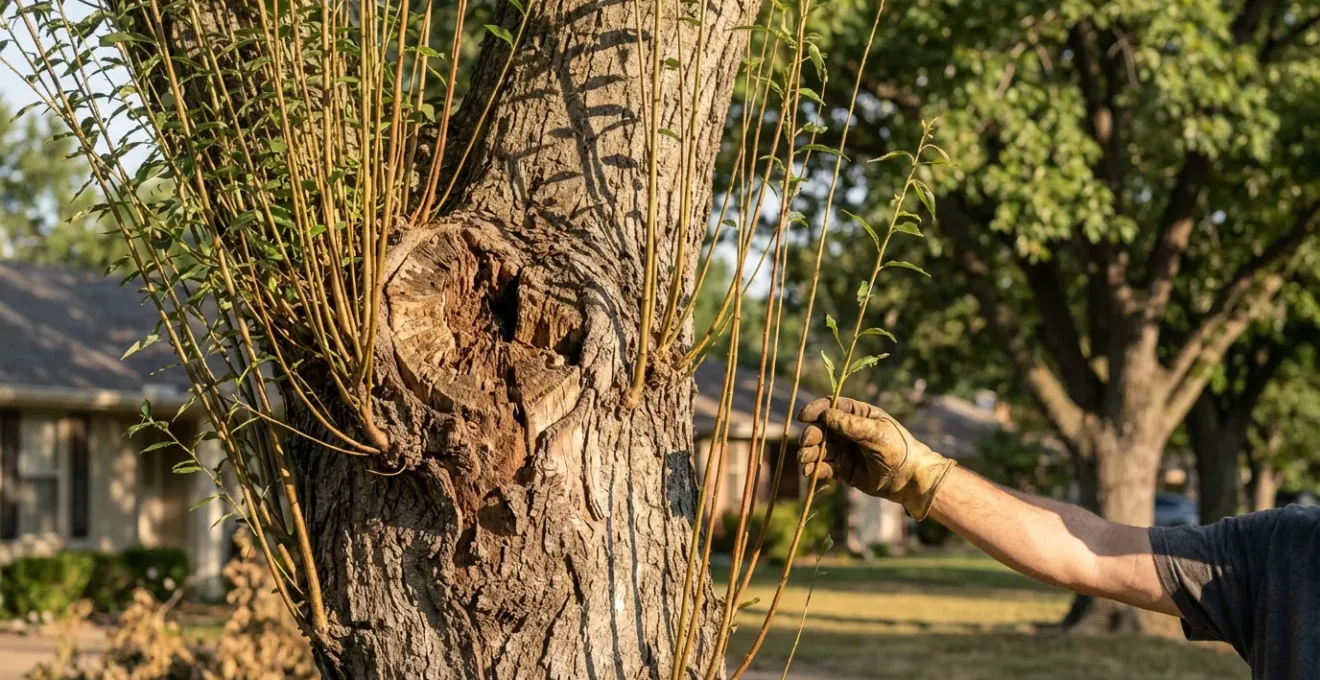 Árbol mostrando las consecuencias del desmoche, con un crecimiento caótico de múltiples chupones verticales y débiles en el punto de corte.