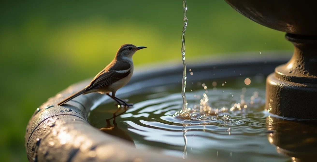 Bebedero escalonado de piedra natural con pájaros pequeños bebiendo agua en un jardín urbano