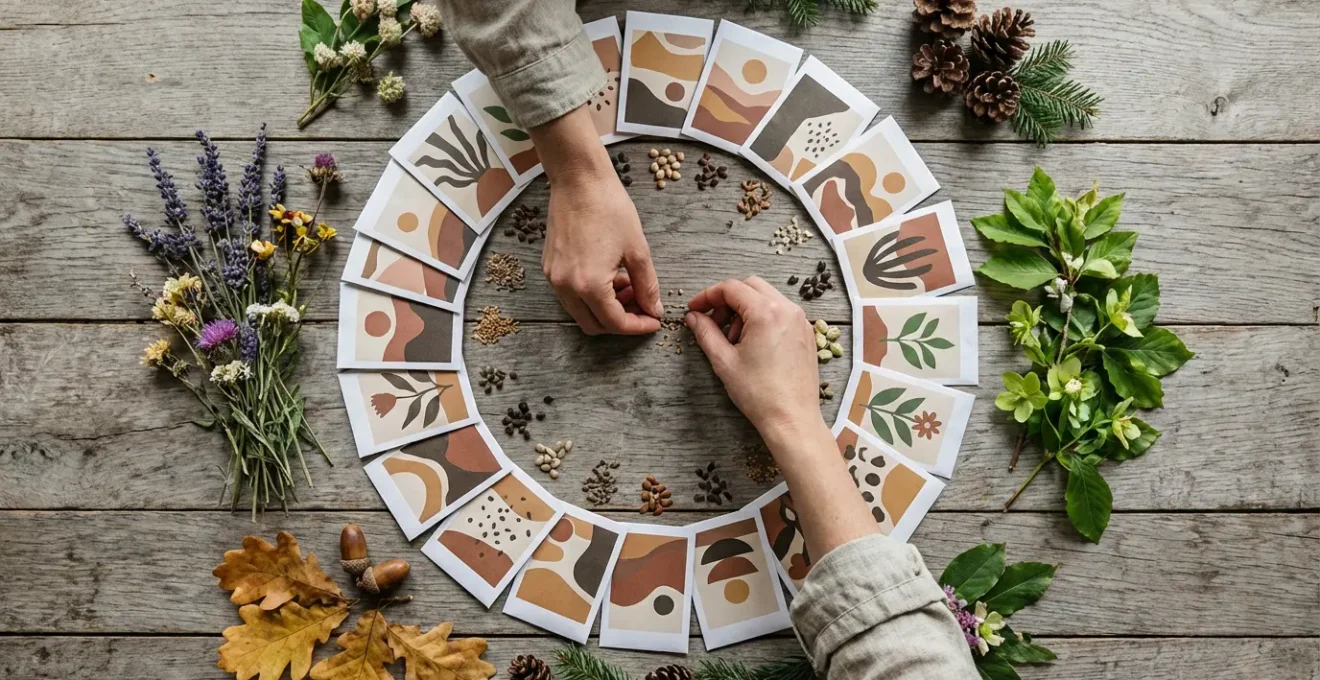 Composición minimalista de semillas organizadas por estación con elementos naturales de calendario