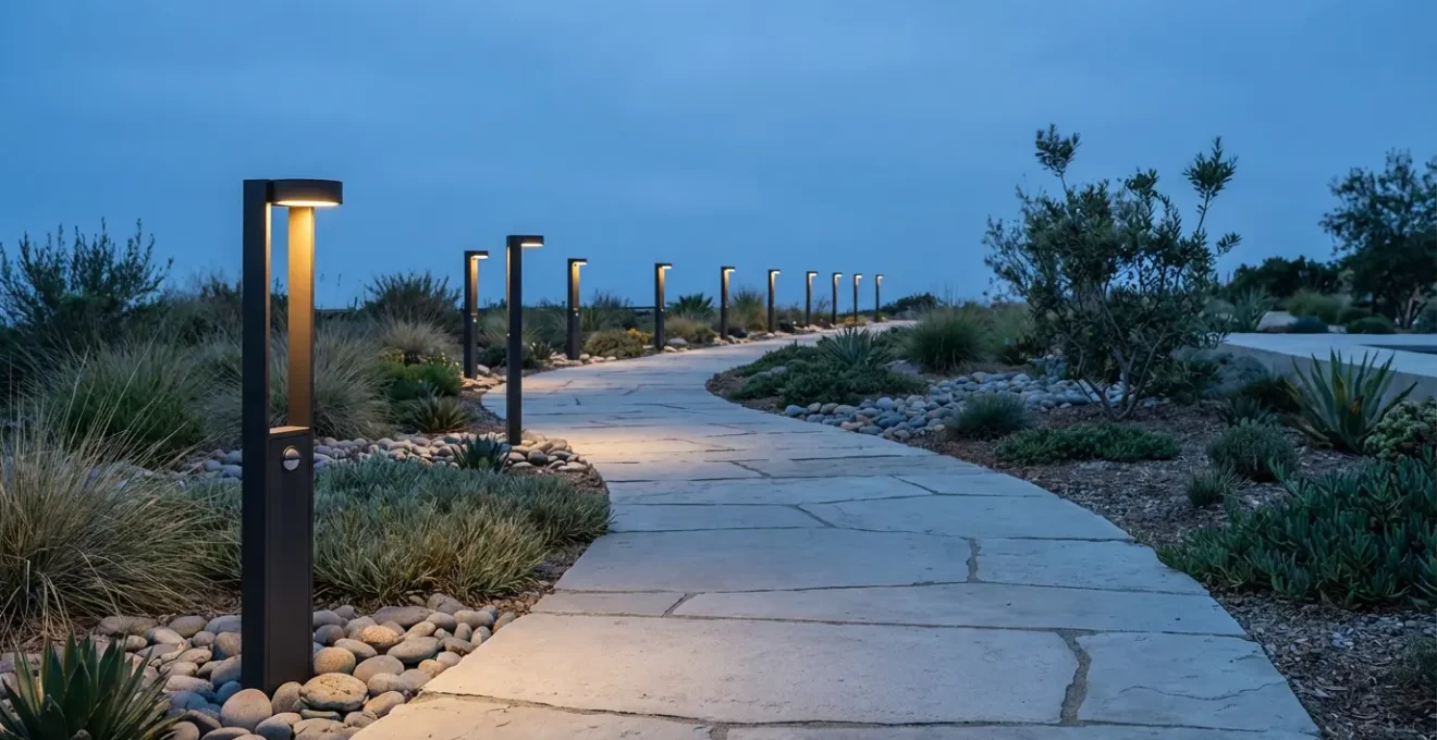 Sendero de jardín con balizas LED activadas por sensor de movimiento