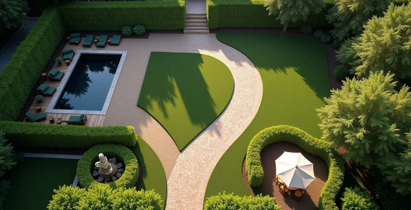 Vista aérea de un jardín con senderos curvos bien integrados conectando diferentes zonas de manera fluida y armoniosa