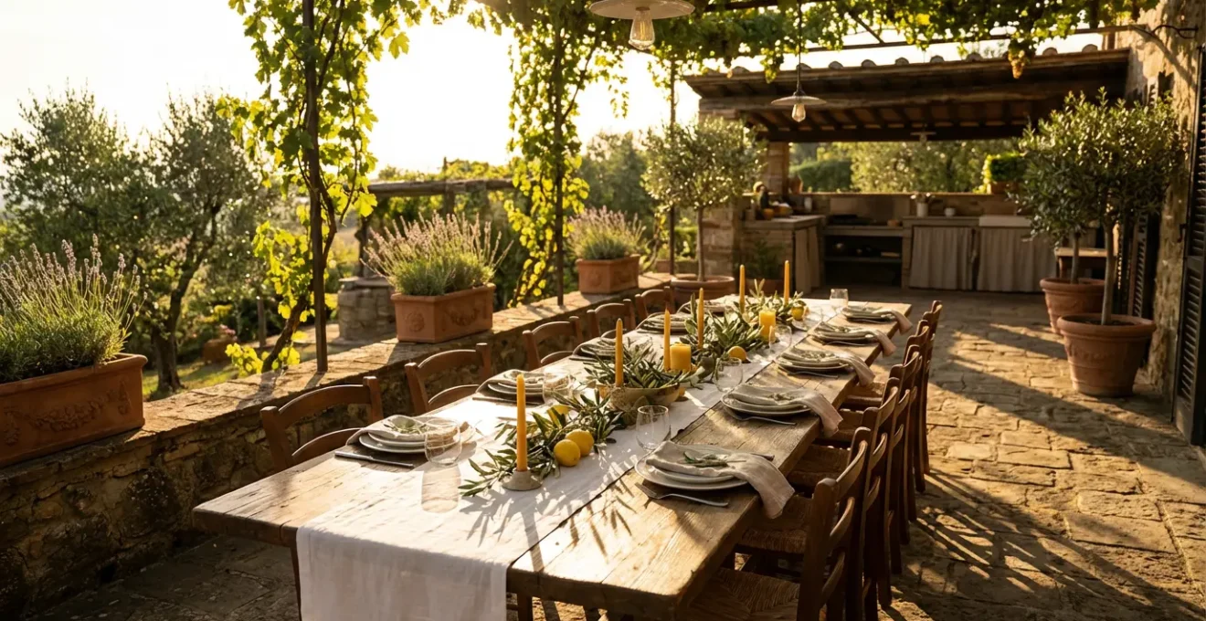 Comedor exterior elegante para 12 personas en terraza mediterránea con mesa larga bajo pérgola de madera