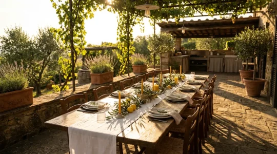 Comedor exterior elegante para 12 personas en terraza mediterránea con mesa larga bajo pérgola de madera
