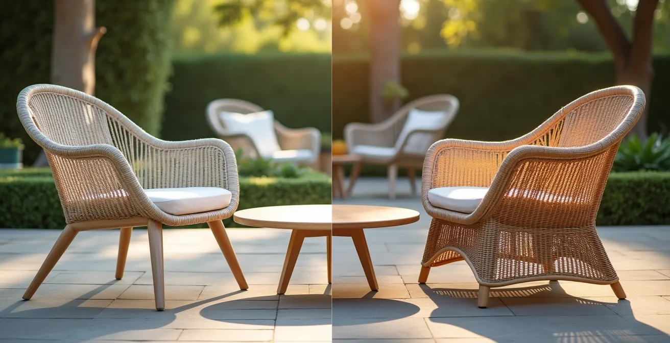 Comparación lado a lado de mueble de rattan de calidad premium y uno deteriorado por oxidación interna