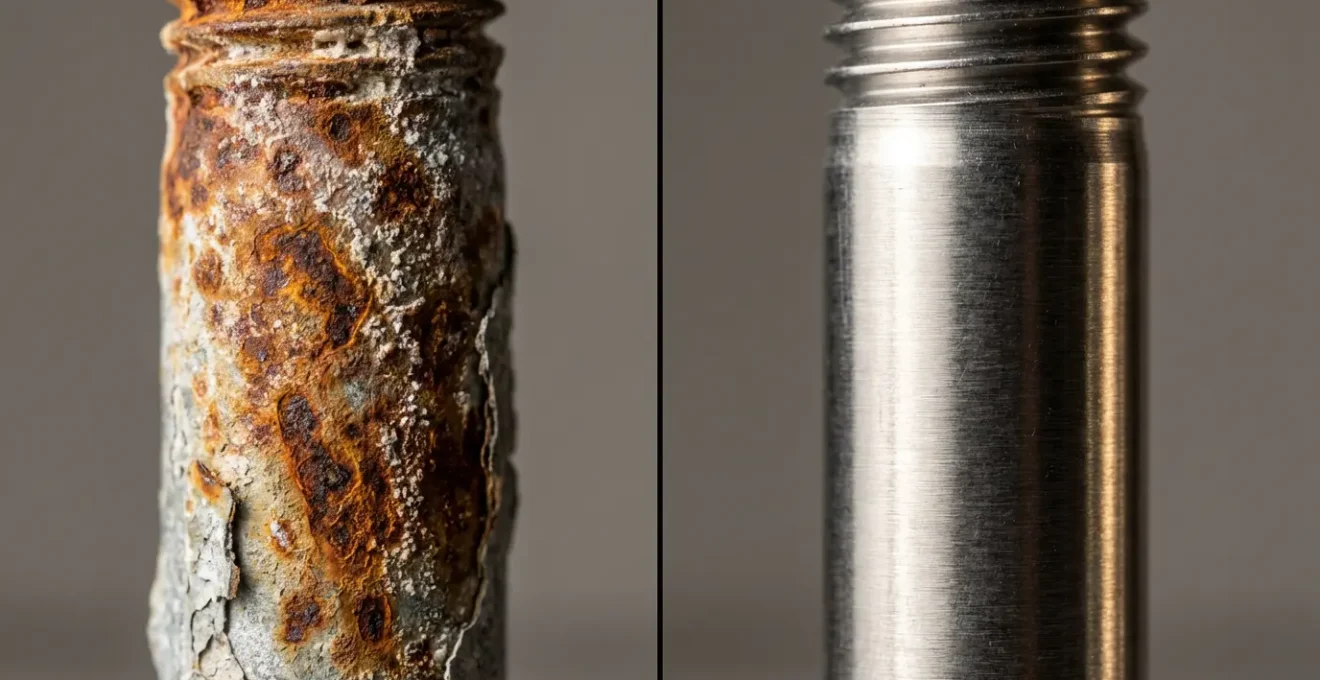 Comparación visual de tornillería oxidada versus acero inoxidable marino