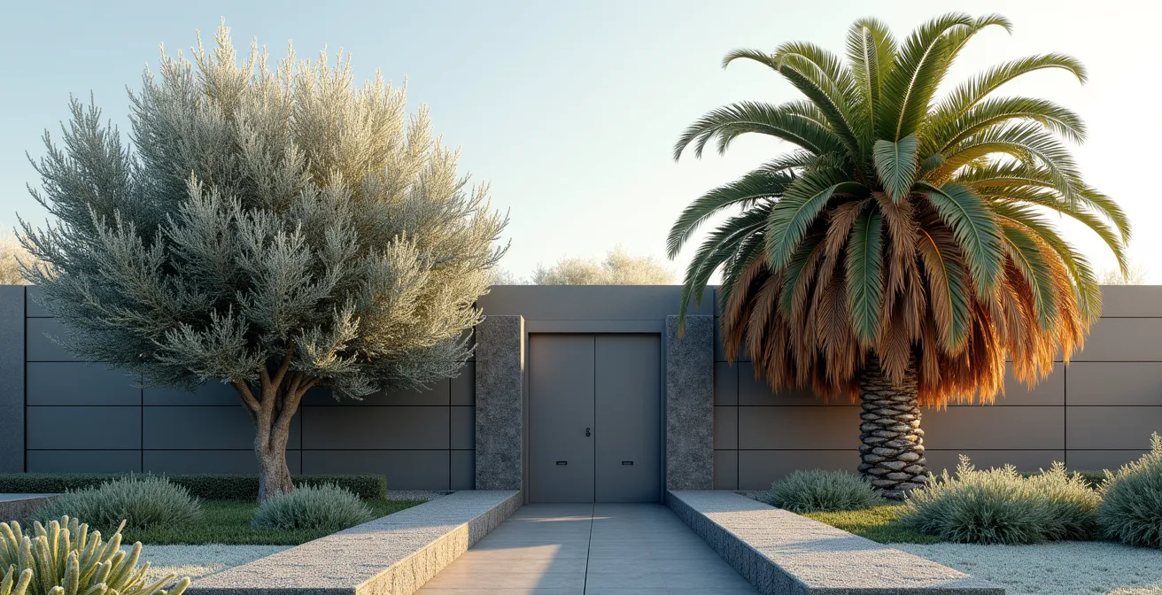 Comparación visual entre un olivo saludable y una palmera dañada por helada en jardín invernal