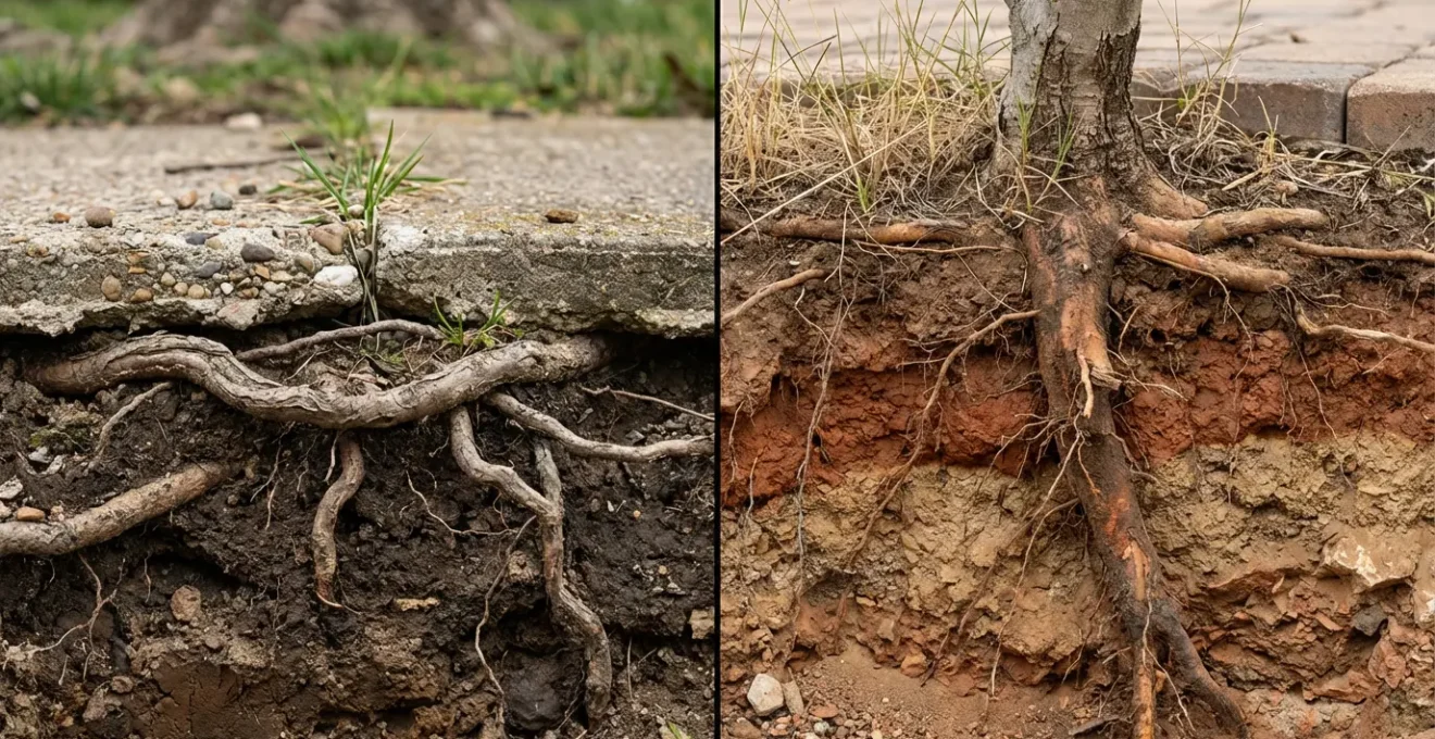 Comparación del sistema radicular entre magnolio y olivo en un jardín pequeño