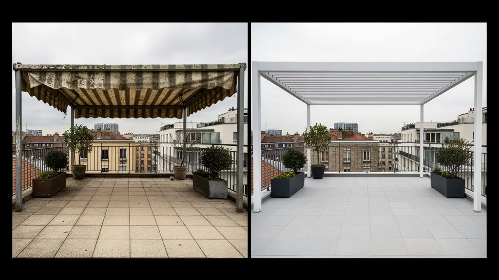 Comparativa visual de terraza con toldo deteriorado frente a terraza renovada con pérgola bioclimática