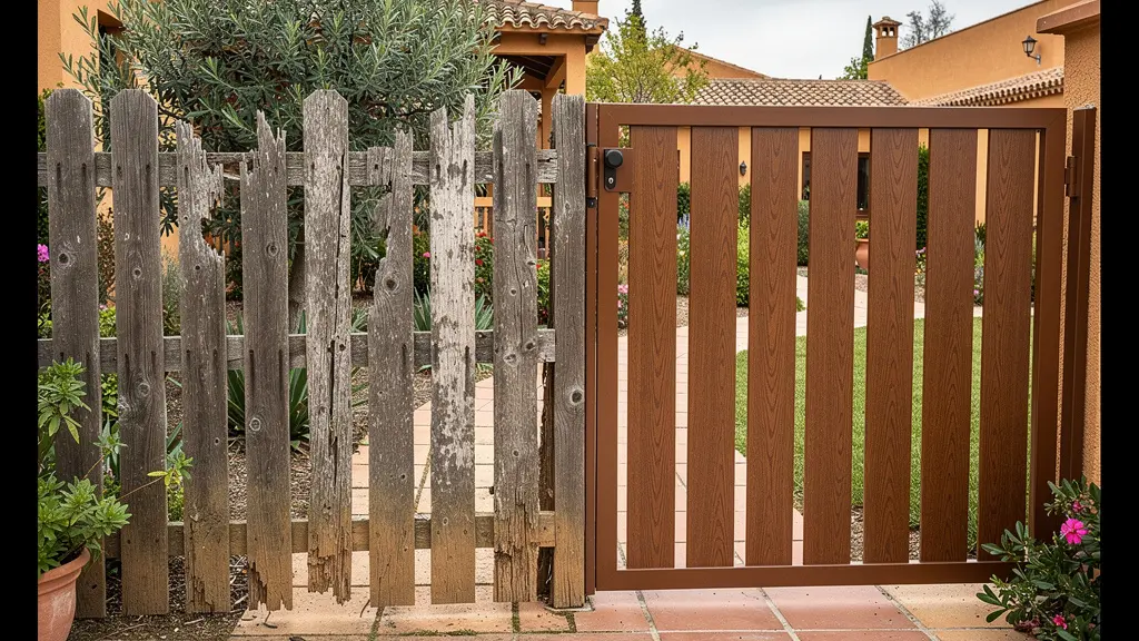 Comparativa visual de valla de madera deteriorada junto a valla de aluminio en buen estado