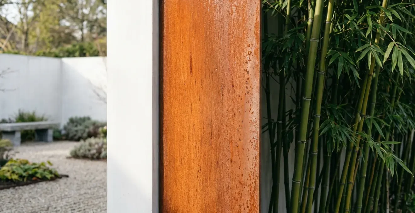 Panel de acero Corten oxidado contrastando con bambú verde y hormigón blanco