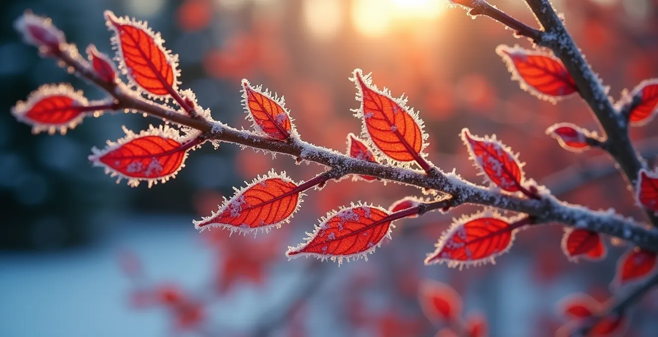 Corteza roja brillante de Cornus en primer plano contra fondo oscuro de coníferas en luz invernal