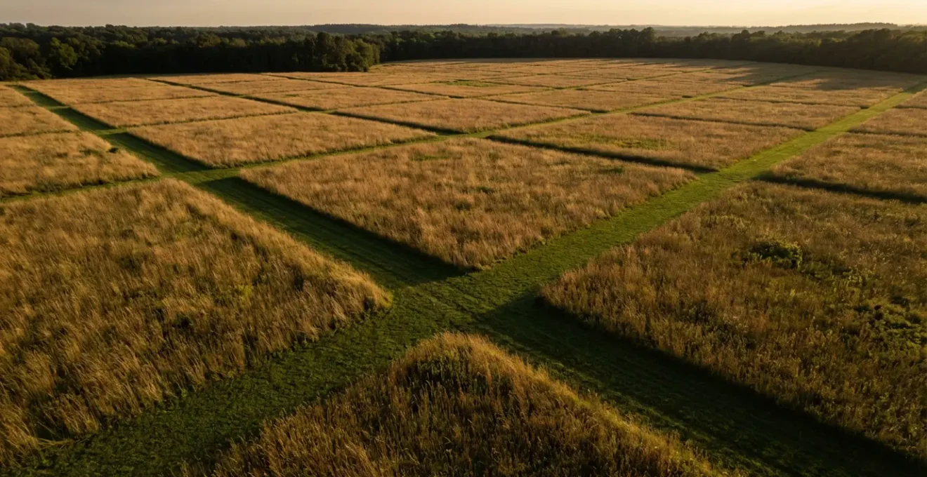 Vista aérea de pradera con franjas segadas formando pasillos cortafuegos entre zonas de hierba alta