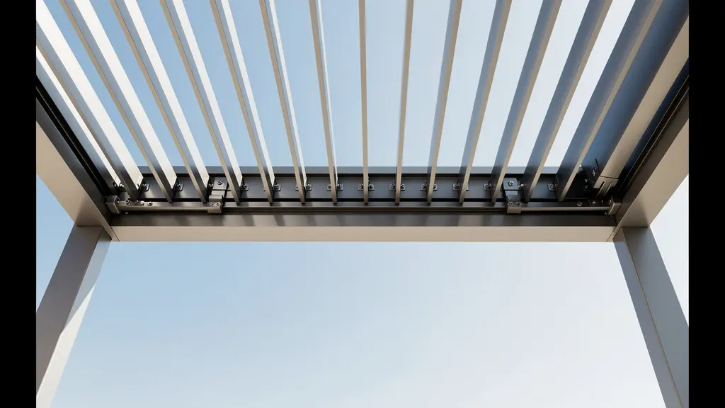 Detalle de lamas de pérgola bioclimática en posición semiabierta vistas desde abajo