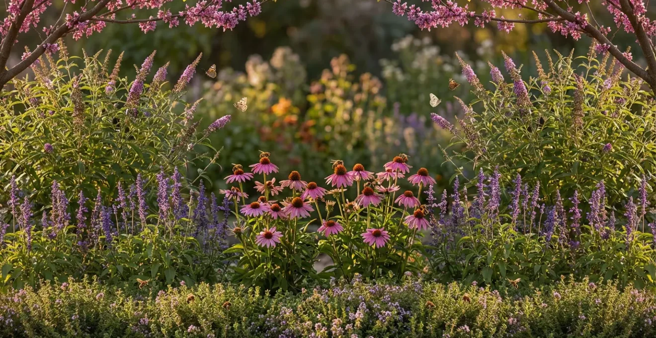 Vista lateral de un jardín mostrando diferentes alturas de plantas melíferas en estratos