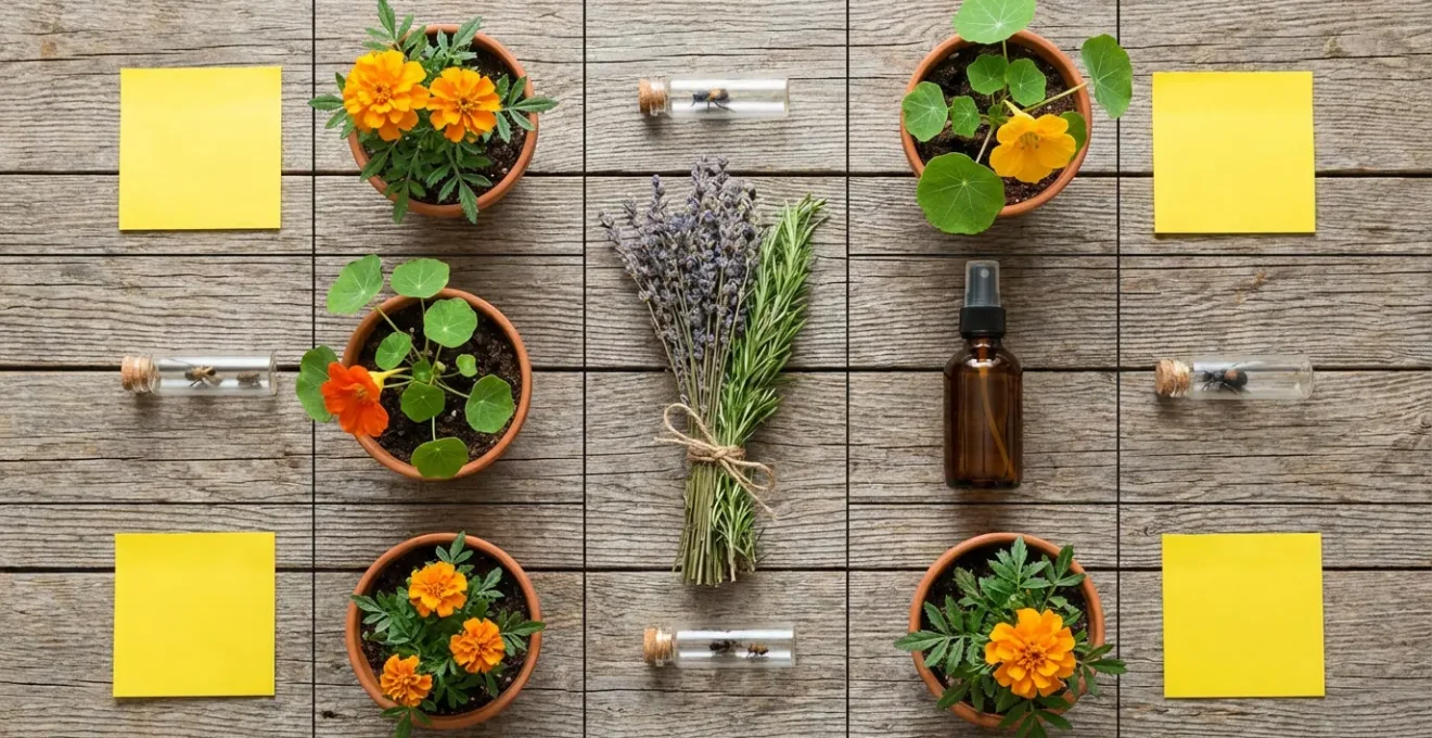 Mesa de trabajo con diferentes métodos de control biológico: insectos auxiliares, extractos naturales y trampas