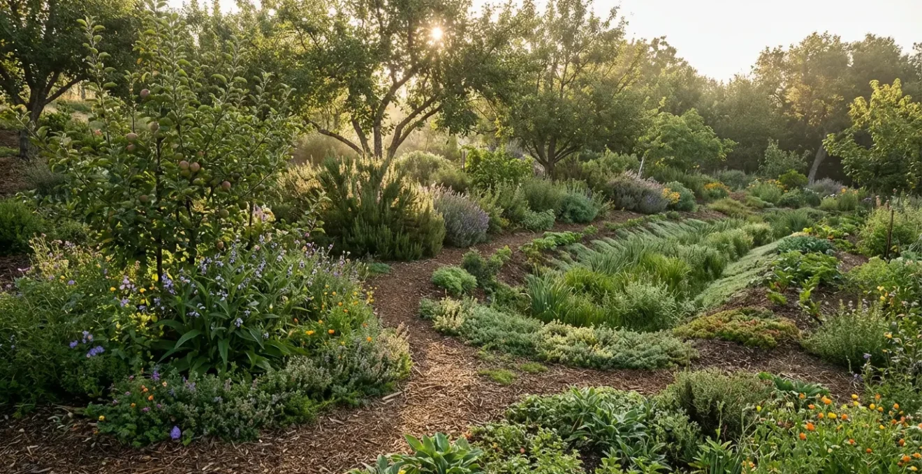 Vista panorámica de un jardín en permacultura con múltiples niveles de vegetación donde las plantas se cuidan mutuamente