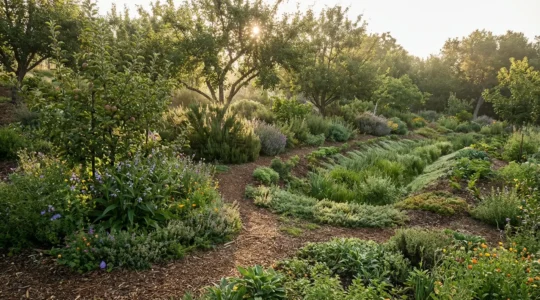 Vista panorámica de un jardín en permacultura con múltiples niveles de vegetación donde las plantas se cuidan mutuamente