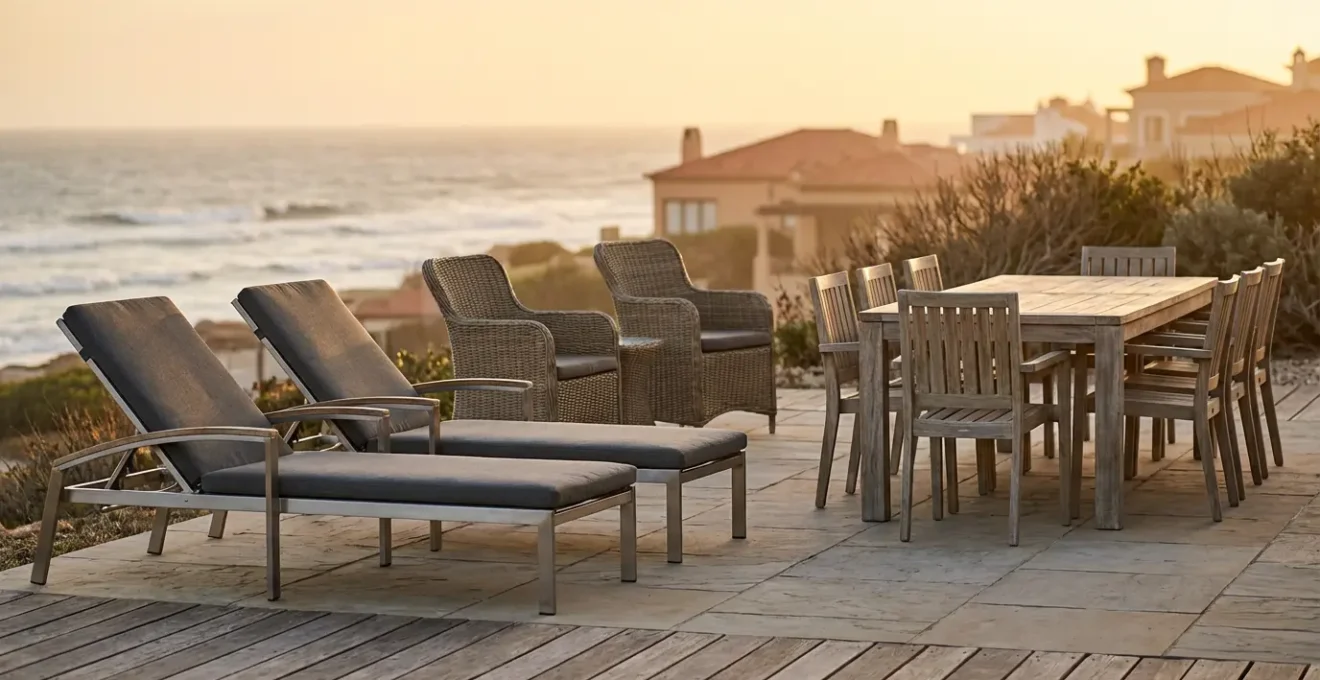 Muebles de exterior de aluminio y ratán sintético en terraza costera con vista al mar