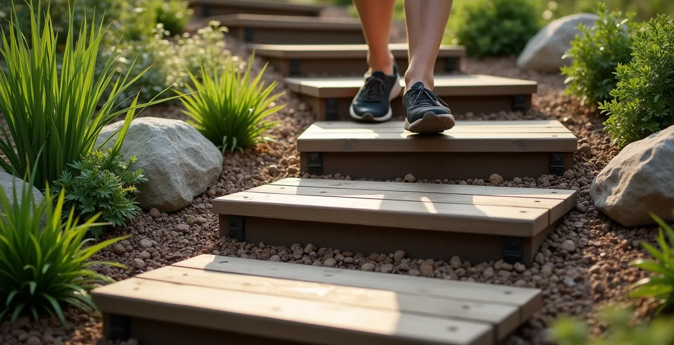Escalera curva en jardín con pendiente usando traviesas de madera y piedra natural