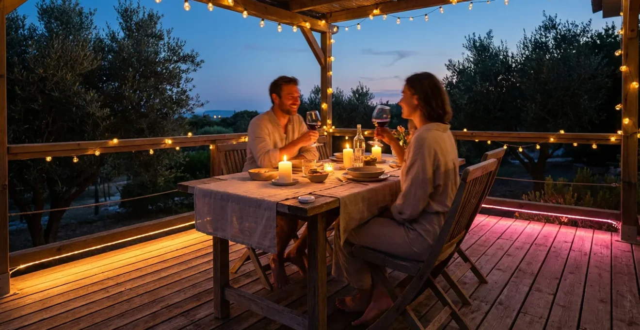Terraza de jardín con iluminación ambiental inteligente configurada para cena romántica al atardecer