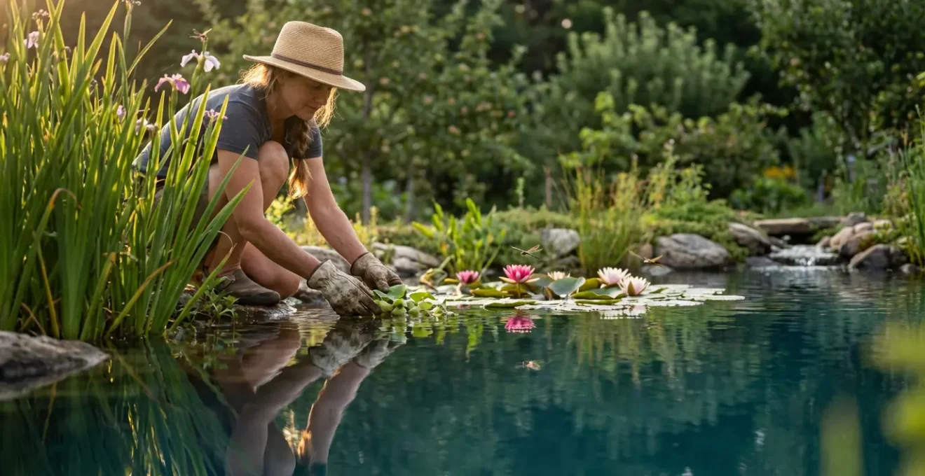 Estanque natural en jardín con plantas acuáticas y bordes vegetados creando microclima