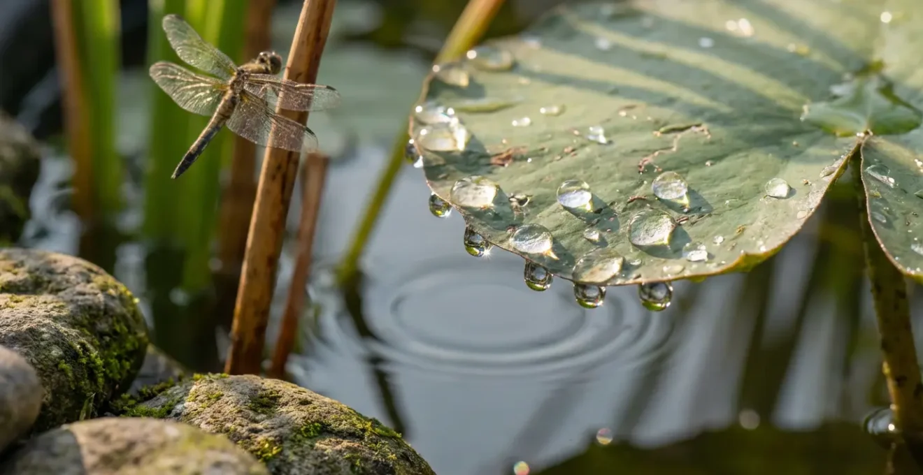Pequeño estanque de jardín con plantas acuáticas y movimiento sutil del agua