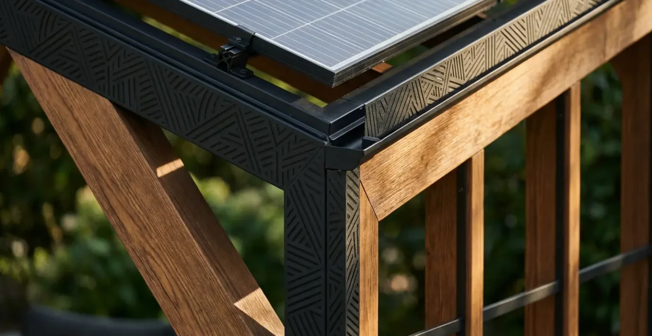 Vista detallada de estructura de pérgola solar con sistema de recolección de agua y jardín vertical integrado