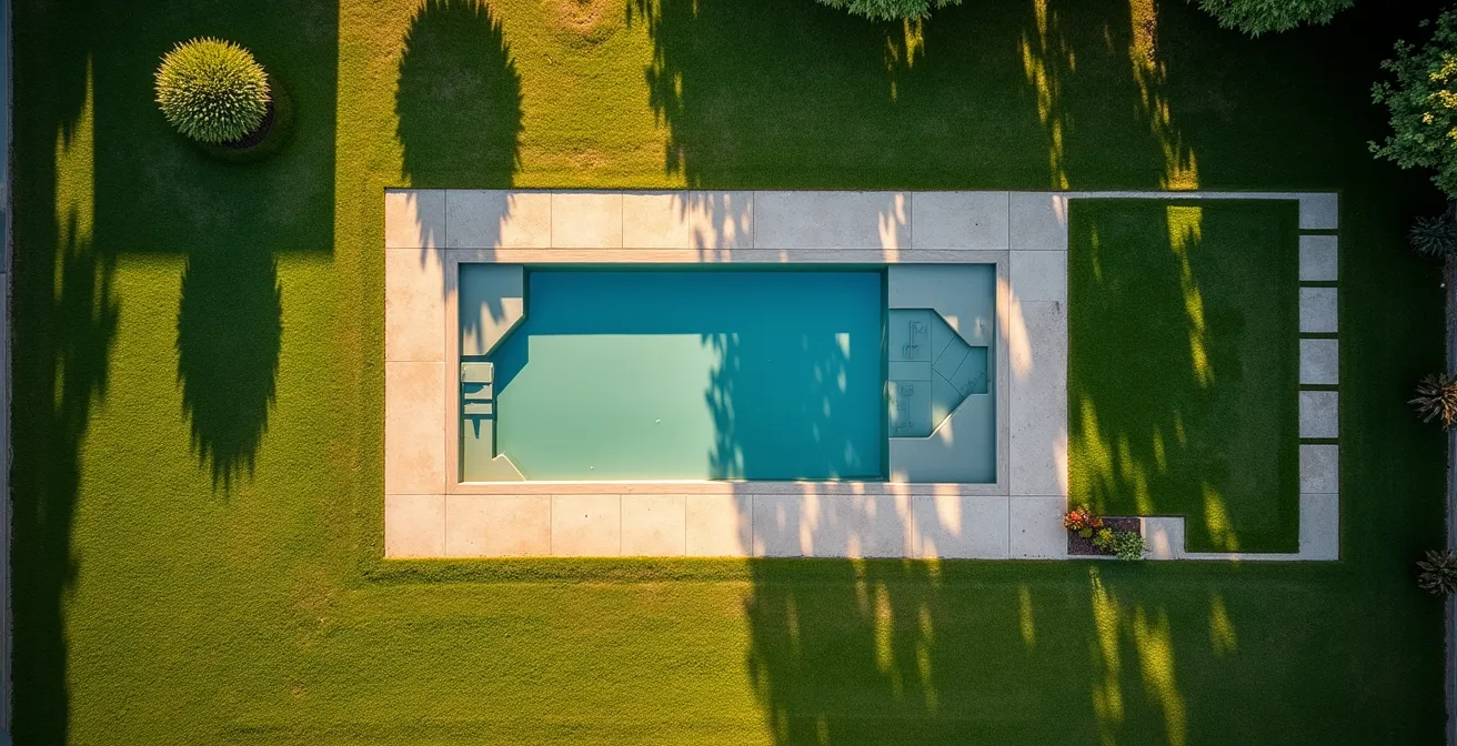 Vista aérea de jardín mostrando proyección de sombras a diferentes horas del día sobre área de piscina