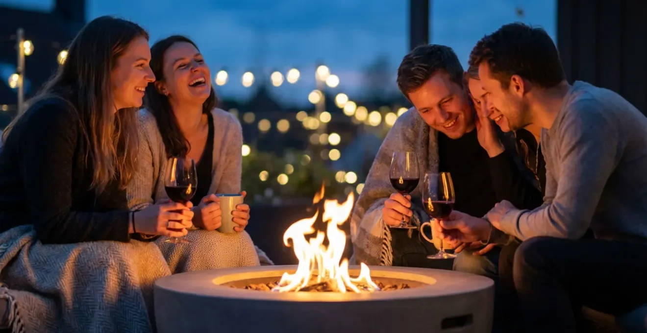 Brasero de exterior iluminado al atardecer con personas disfrutando sobremesa en terraza