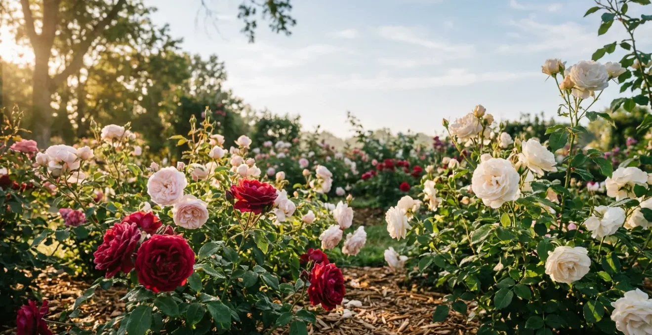 Rosales en plena floración con múltiples flores rojas, rosas y blancas en un jardín soleado