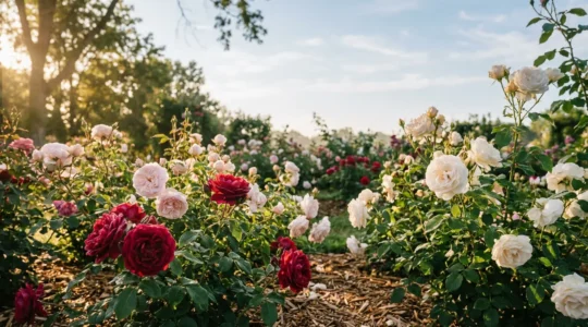 Rosales en plena floración con múltiples flores rojas, rosas y blancas en un jardín soleado