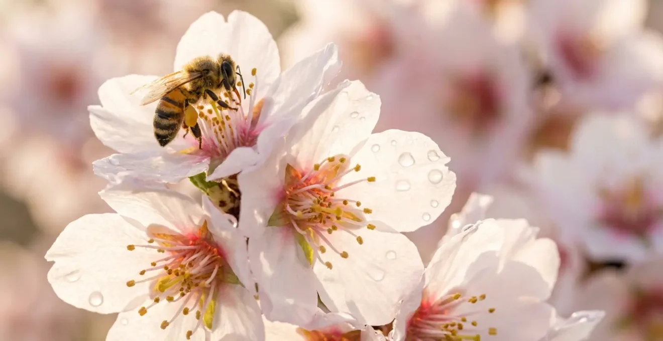Primer plano macro de flores de almendro con abeja recolectando néctar en luz matinal