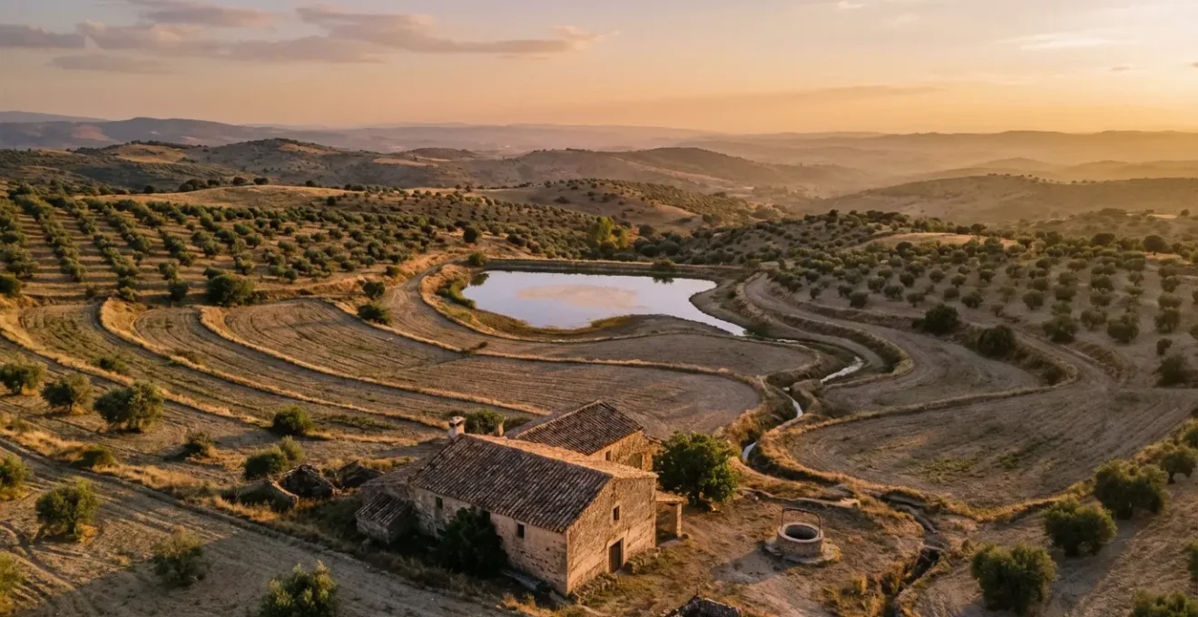 Vista aérea de propiedad rural con sistema de captación de agua y vegetación sostenible