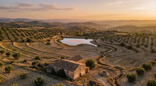 Vista aérea de propiedad rural con sistema de captación de agua y vegetación sostenible