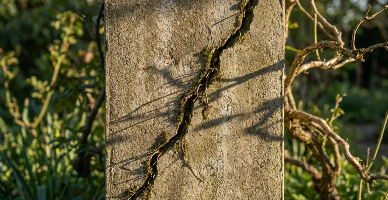 Grieta diagonal en muro de jardín causada por presión de raíces de árbol
