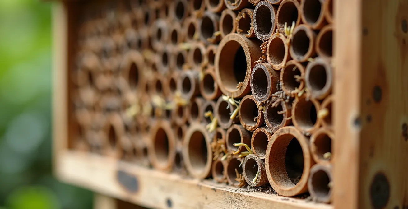 Hotel de insectos artesanal con compartimentos de bambú, paja y piñas en jardín natural