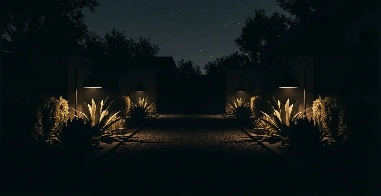 Jardín nocturno con focos apantallados dirigidos hacia abajo respetando el cielo oscuro