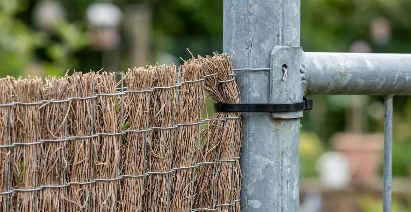 Detalle técnico de la correcta instalación de un brezo de ocultación en una valla con refuerzos para resistir el viento.