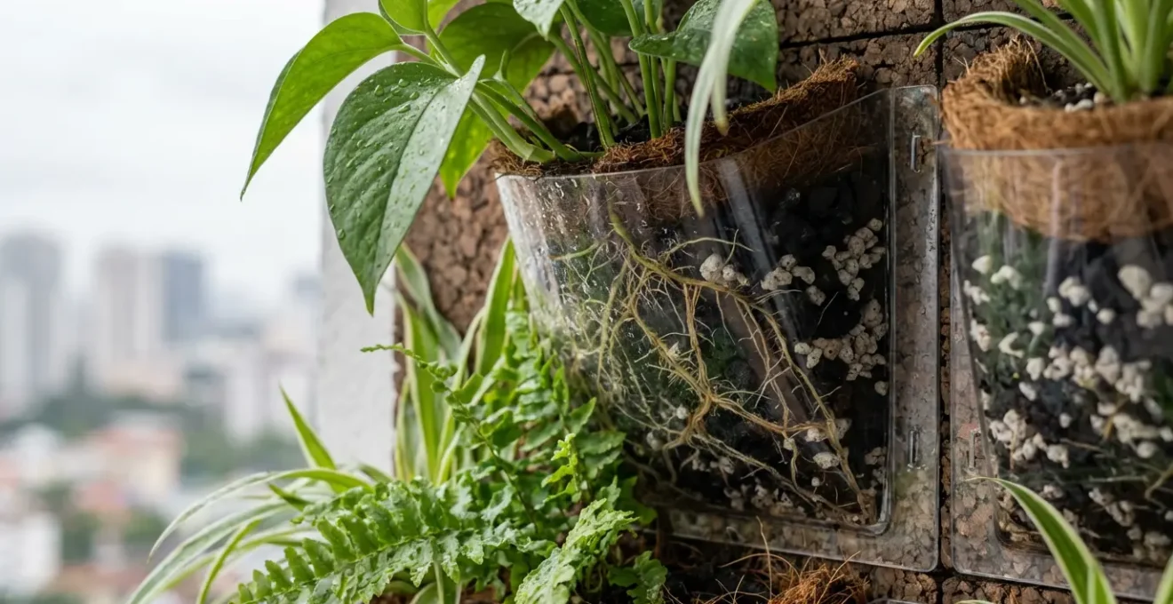 Muro verde modular instalado en un balcón con sistema de riego integrado y plantas purificadoras