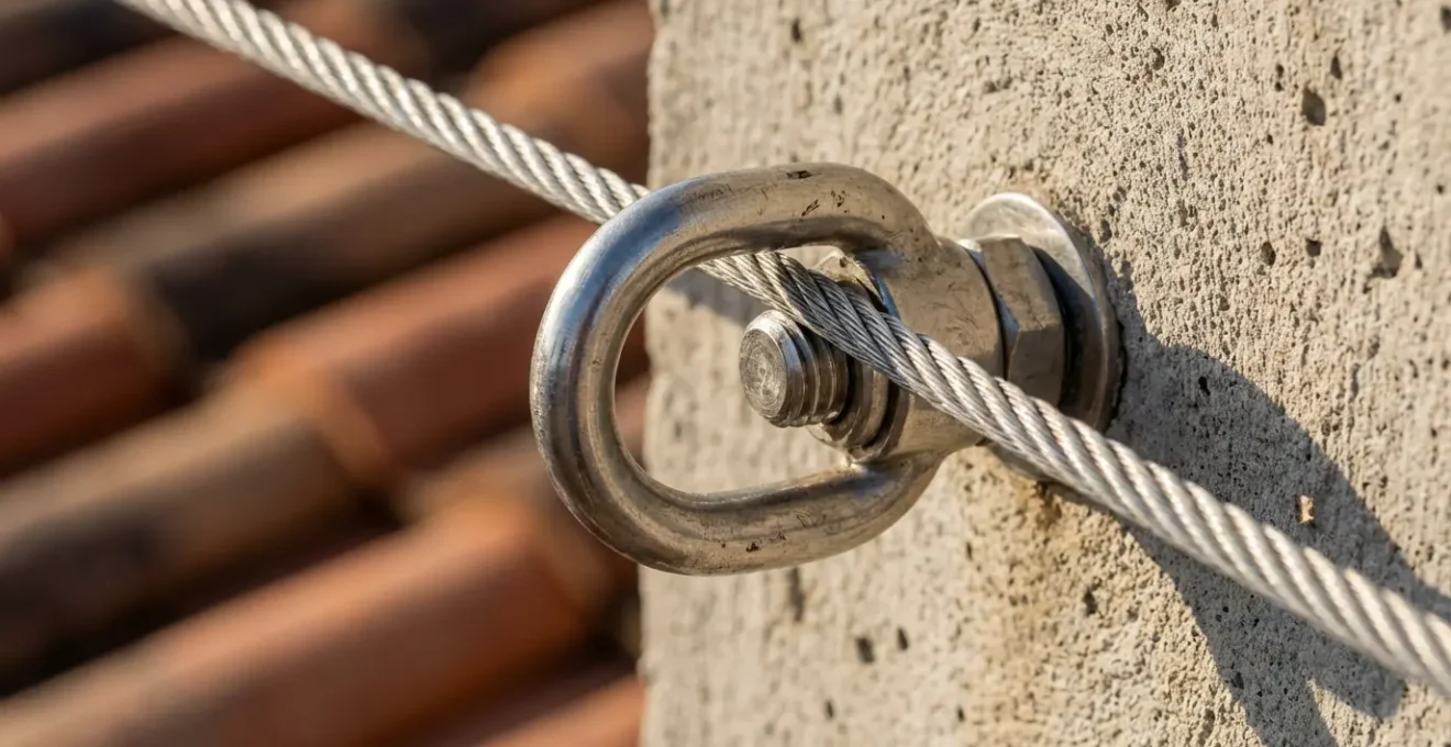 Detalle técnico de anclaje de vela de sombra en pared con herrajes de acero