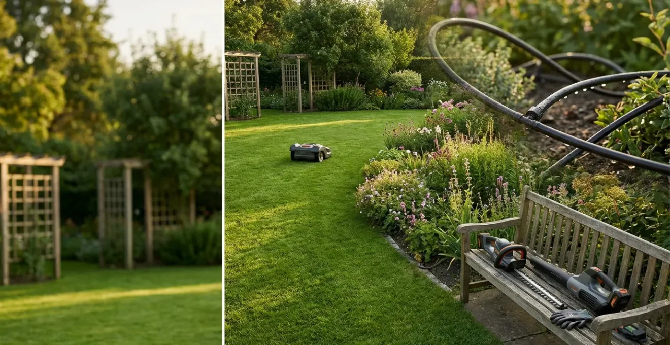 Vista panorámica de un jardín moderno automatizado con sistema de riego inteligente y herramientas de mantenimiento eficientes