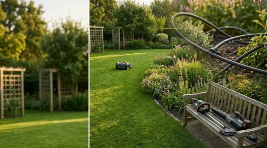 Vista panorámica de un jardín moderno automatizado con sistema de riego inteligente y herramientas de mantenimiento eficientes